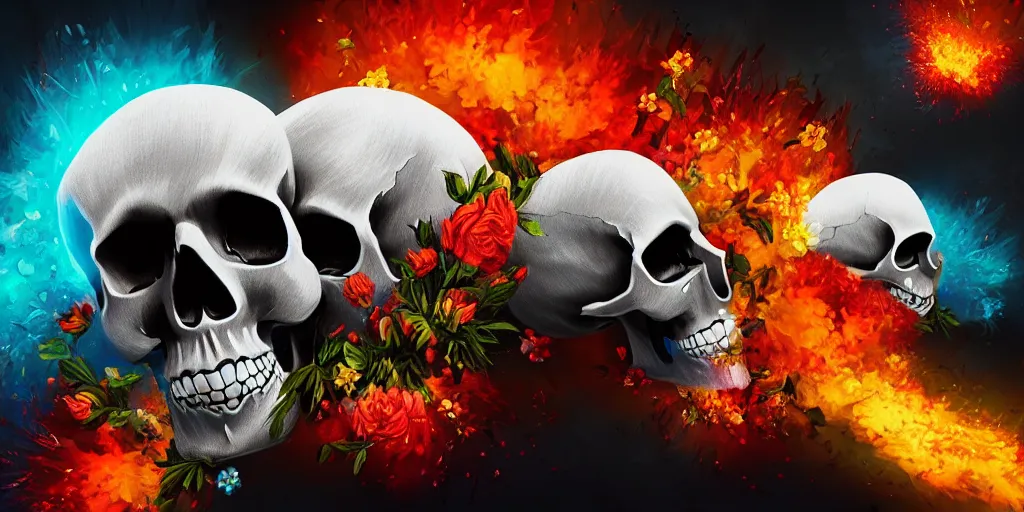 Image similar to Skulls, flowers, explosions, 8k digital art, trending on artstation