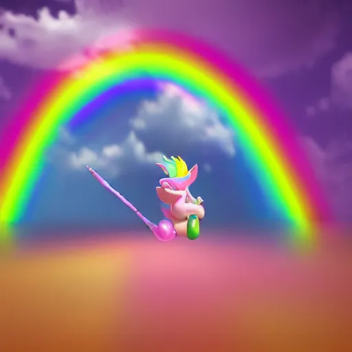 Prompt: a pink gnome riding a rainbow unicorn galloping under a rainbow, 4 k realistic, octane render, award winning