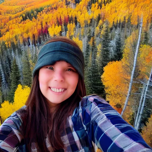 Image similar to a selfie of cute tomboyish girl taken on top of a mountain in Colorado, Aspen trees with Fall Colors in the background