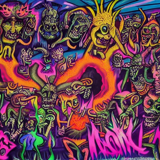 Image similar to mural of demons in rave party in hell by Chor Boogie