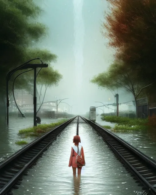 Image similar to photo of girl walking along train tracks that are submerged under a few inches of water toward a station in the distance, large white clouds, intricate, elegant, highly detailed, digital painting, artstation, concept art, smooth, sharp focus, illustration, art by artgerm and greg rutkowski and fra angelico