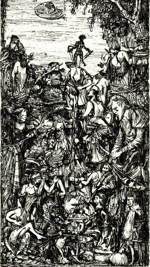 Prompt: an etching of pagan folklore, by david gentleman