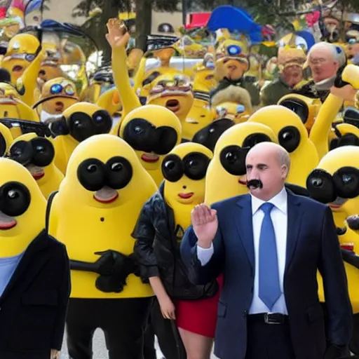 Image similar to Alexander Lukashenko surrounded by yellow Minions