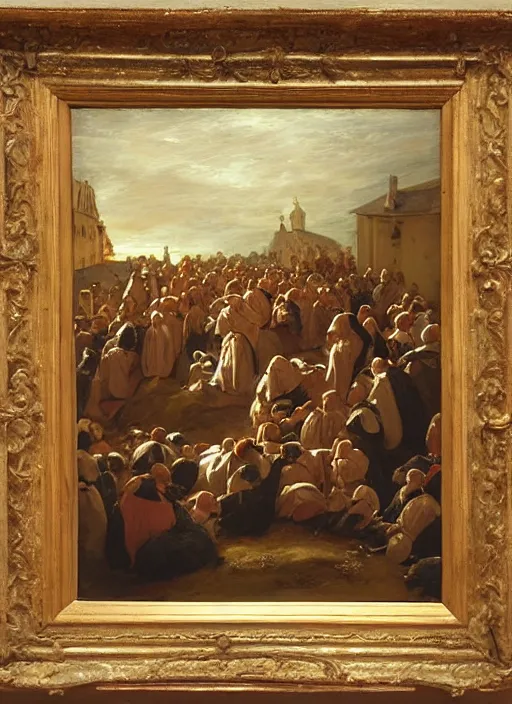 Image similar to elisabeth louise vigee - le brun painting of crowd of medieval monks raising new magical glowing spirit, old master painting with stunning lighting and details photoreal dusk sun lit light,