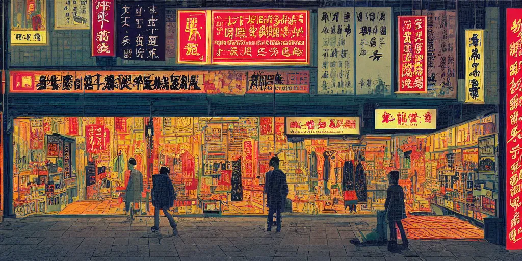 Image similar to a shop window in hong kong, by dan mumford and peter doig and edward hopper, minimal, black in, thick lines highly detailed, muted colours, overlaid with chinese adverts, 8 k