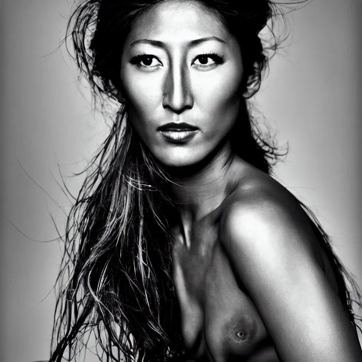 Prompt: photography face portrait on a tropical background of a beautiful woman like dichen lachman, black and white photography portrait, skin grain detail, high fashion, 8 k, ultra sharp focus, studio lighting film noir style photography, by richard avedon, and paolo roversi and nick knight, and hellmut newton,