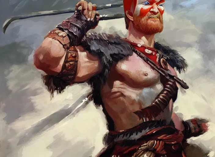 Image similar to a highly detailed beautiful portrait of conan o'brien as kratos, by gregory manchess, james gurney, james jean