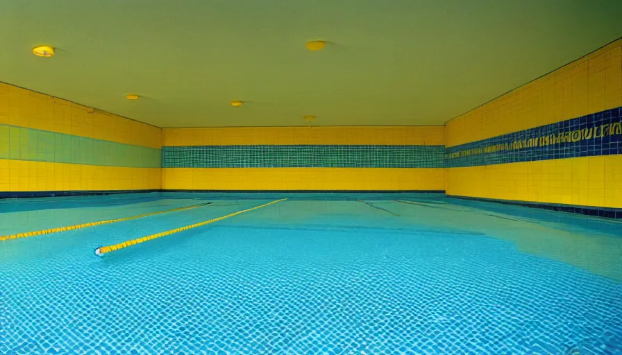 Prompt: 1 9 6 0 s movie still of an empty blue and yellow tiles municipal swimmingpool, low quality, liminal space style