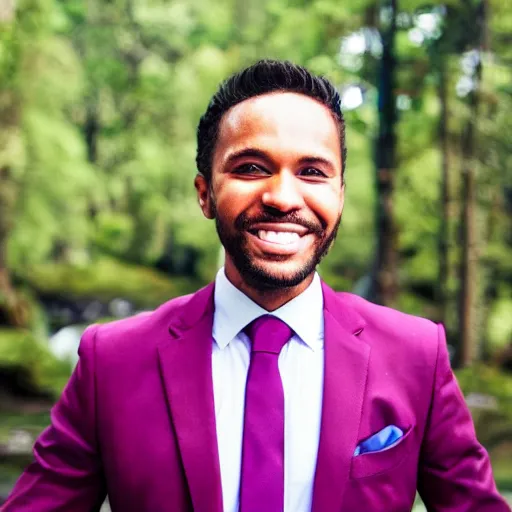 Prompt: portrait of a man wearing a suit smiling with big white teeth, waterfall background, intense blue sky, trees, magenta colors”