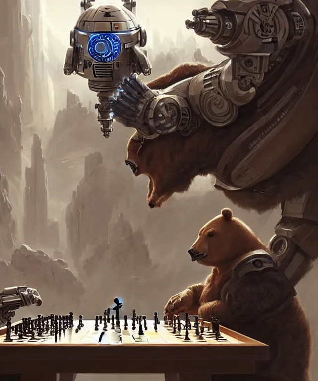 Image similar to futuristic cyborg bull playing chess against a droid bear, sci-fi scene, fantasy, intricate, elegant, highly detailed, digital painting, artstation, concept art, smooth, sharp focus, illustration, art by artgerm and greg rutkowski and alphonse mucha