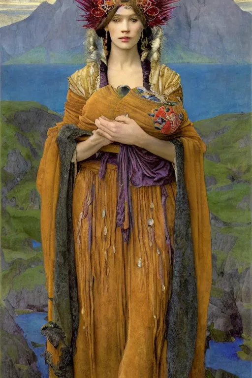 Prompt: portrait of the last queen of the dawn mountains with her lantern and regalia, by Annie Swynnerton and Nicholas Roerich and John Bauer and John William Godward and Donato Giancola and Vermeer, embroidered velvet, iridescent beetles, rich color, ornate headdress, flowing robes, lost runes, ancient civilizations, dramatic cinematic lighting, featured on Artstation, extremely detailed