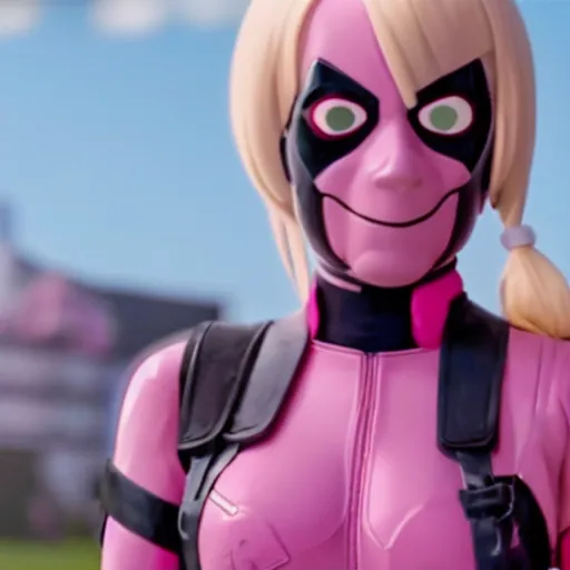 Image similar to A still of Gwenpool in Deadpool 3 (2023), blonde hair with pink highlights, no mask, white and light-pink outfit, smiling and winking at the camera, comics accurate design