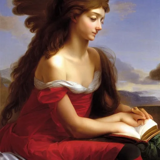 Prompt: a girl reading a book, hair flowing down, style of Jeff Easley Antonio Canova Ken Kelly Élisabeth Vigée Le Brun, 8K resolution