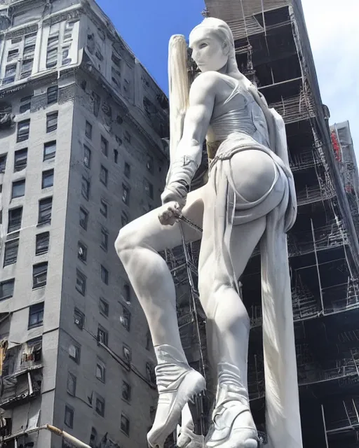 Image similar to a gigantic 500 foot tall white marble statue of Gal Gadot as Wonder Woman surrounded in scaffolding in downtown NYC