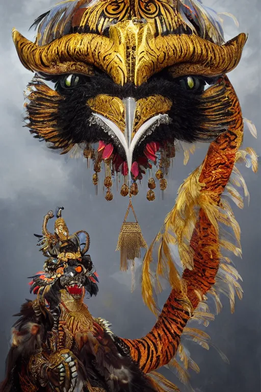 Prompt: masterful fantastic realist painting an exotic ancient feathered and bejeweled bird wearing an exquisitely painted bugaku mask of a tiger, gold chains strung like tinsel, digital painting trending on artstation, viciously blinded, chinese dragon kite, volumetric lighting and mist, cosplay, 3 / 4 portrait painting, hyperrealistic, octane render