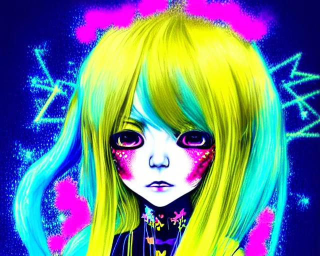 Image similar to neo tokyo japanese anime kawaii decora hologram of rimuru tempest, sky blue hair, golden yellow eyes, wearing black stylish clothing, holography, irridescent, baroque visual kei glitch art, a detailed pencil portrait with watercolor of a beautiful monster high doll, by sabrina eras, alice x. zhang, agnes cecile, blanca alvarez