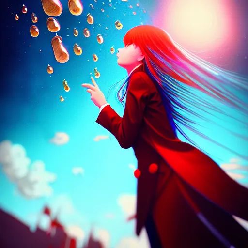 Prompt: giant droplets of water floating around girl, flying with wings, sky blue straight hair, bangs, with amber eyes, red tailcoat, high collar, ultra fine detail, dark theme, digital painting, psychedelic, film still, cinematic, wlop, ilya kuvshinov, ross tran