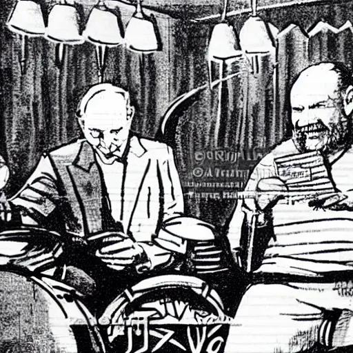 Image similar to buzz aldrin playing the drums while Lenin reads from a bible in a downtown New York jazz club in the late 1950's. etching