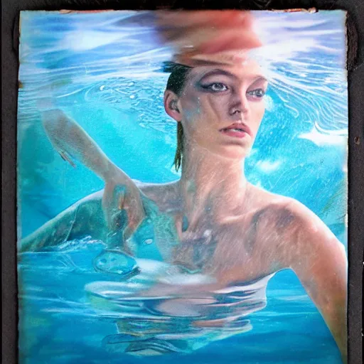 Prompt: hyperrealism oil painting, fashion model portrait underwater photo polaroid