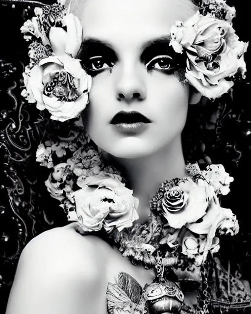 Prompt: a black and white high quality dreamy photo of a young beautiful female queen-pale dragon-vegetal-many big steampunk flowers-cyborg bust with a very long neck, elegant, highly detailed, poetic, soft, dreamy, mysterious, high fashion, rim light, in the style of Ellen von Unwerth, Realistic, Refined, Digital Art, Highly Detailed, Cinematic Lighting, rim light, black and white, photo-realistic, 8K