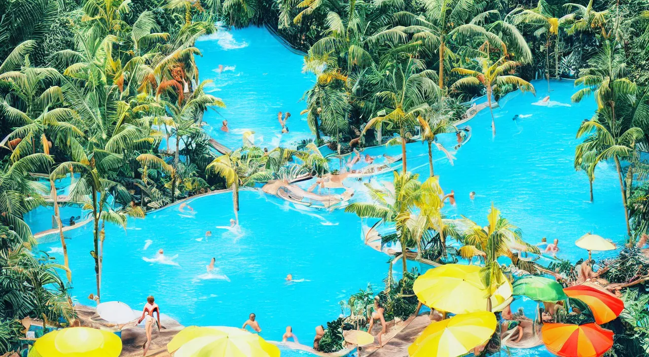 Image similar to a beautiful day at a tropical pool,colorised,photograph