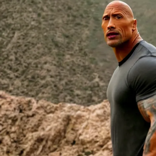 Prompt: dwayne johnson singing in a rock concert and standing on a rock