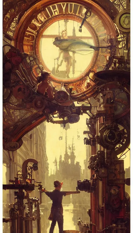 Image similar to hyper realistic photographer looking through camera towards viewer, magical, steampunk, painted by james gurney, norman rockwell, tom bagshaw, mucha, gaston bussiere, craig mullins, j. c. leyendecker 8 k