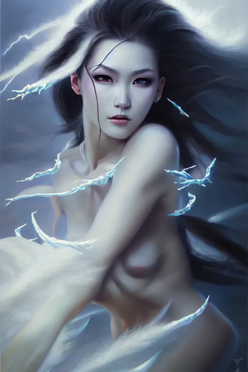 Prompt: oil painting, white, sakimi chan, detailed face, fantasy armor, flying, tony sart, wind, lightning, dramatic lighting