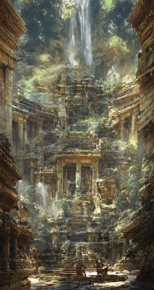 Image similar to looking up at ancient temple ruins interior, waterfall, huge statues, intricate, elegant, vivid colors, highly detailed, john park, craig mullins, sparth, ruan jia, jeffrey catherine jones