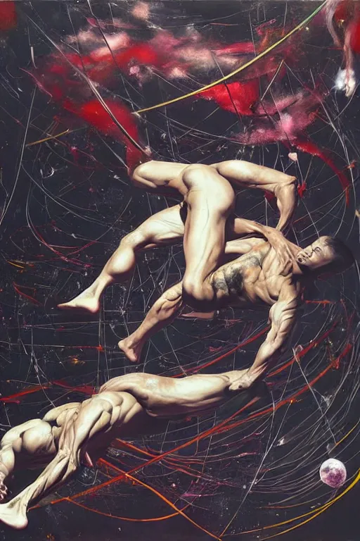 Image similar to two muscular men entwined, floating in space, zero gravity, dramatic movement inside a brutalist space ship, gothic, rich deep colours, painted by francis bacon, adrian ghenie, james jean and petra cortright, part by gerhard richter, part by takato yamamoto. 8 k masterpiece