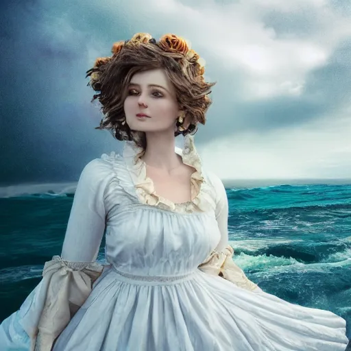 Prompt: a realistic wonderful lady dressed with a large and decorate majestic roses cotton dress that is coming out from a ocean, dramatic light, octane--8k