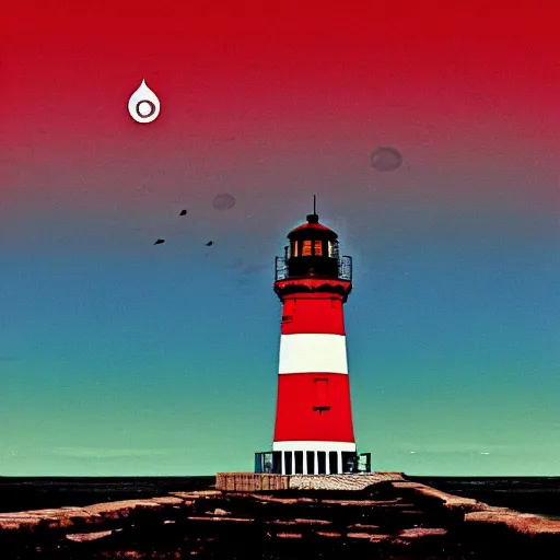 Prompt: lighthouse at the end of the world. Album art. Mushroom cloud in background.