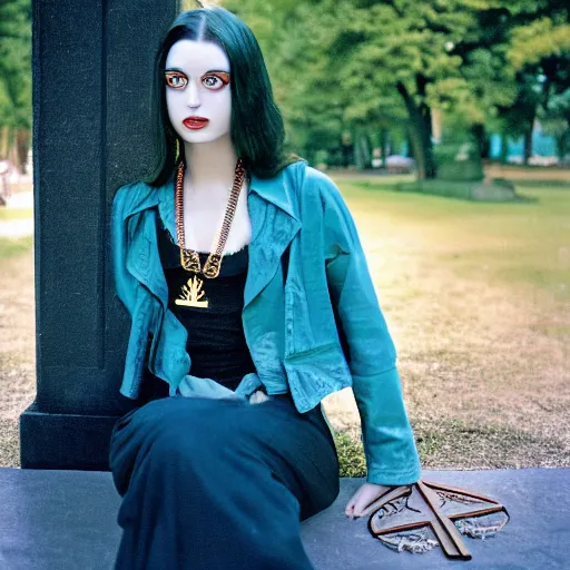 Image similar to close-up, color slide, Kodak Ektachrome E100, studio photographic portrait of Death as a young attractive, pale girl, gorgeous face, wears Egyptian Ankh Cross Pendant Necklace, Neo-Gothic looking, sits at a bench in a public park, intricate, elegant, blue hour, casual, lifelike, realistic, punk, Nikon camera, 75mm lens, f/2.8 aperture, HD, deep depth of field, sharp focus, rich deep moody colors, masterpiece image, highly detailed, Shutterstock, Curated Collections, Sony World Photography Awards, Pinterest, by Annie Leibovitz