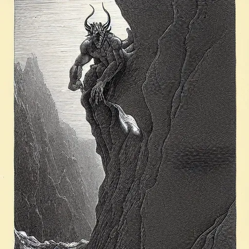 Image similar to a demon crawling up from a canyon, highly detailed, in the style of Gustave Dore