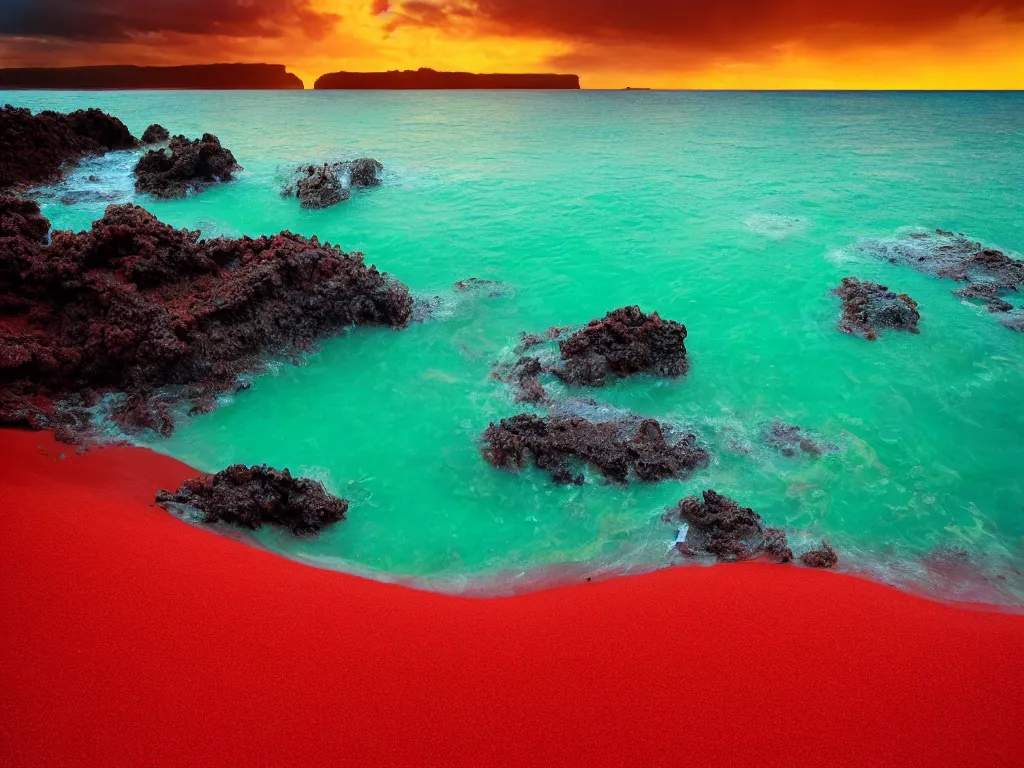 Image similar to mcdonalds, red sand beach, green ocean, nebula sunset