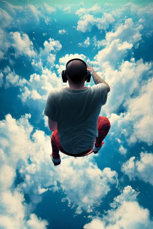 Image similar to Mac Miller playing music in Heaven while looking down on planet earth from above, Heavenly, Hellish, Divinity, Hope, Ethereal, Symmetry, Atmospheric Lighting, artstation trending, good versus evil, ladders, angelic, the divine feminine, Most Dope, Rendered in Octane, trending on artstation, cgsociety, moody lighting rendered by octane engine, environment 8K artstation, cinematic lighting, intricate details, 4k detail post processing, hyperealistic, octane render, photo realism ultra detailed cinematic