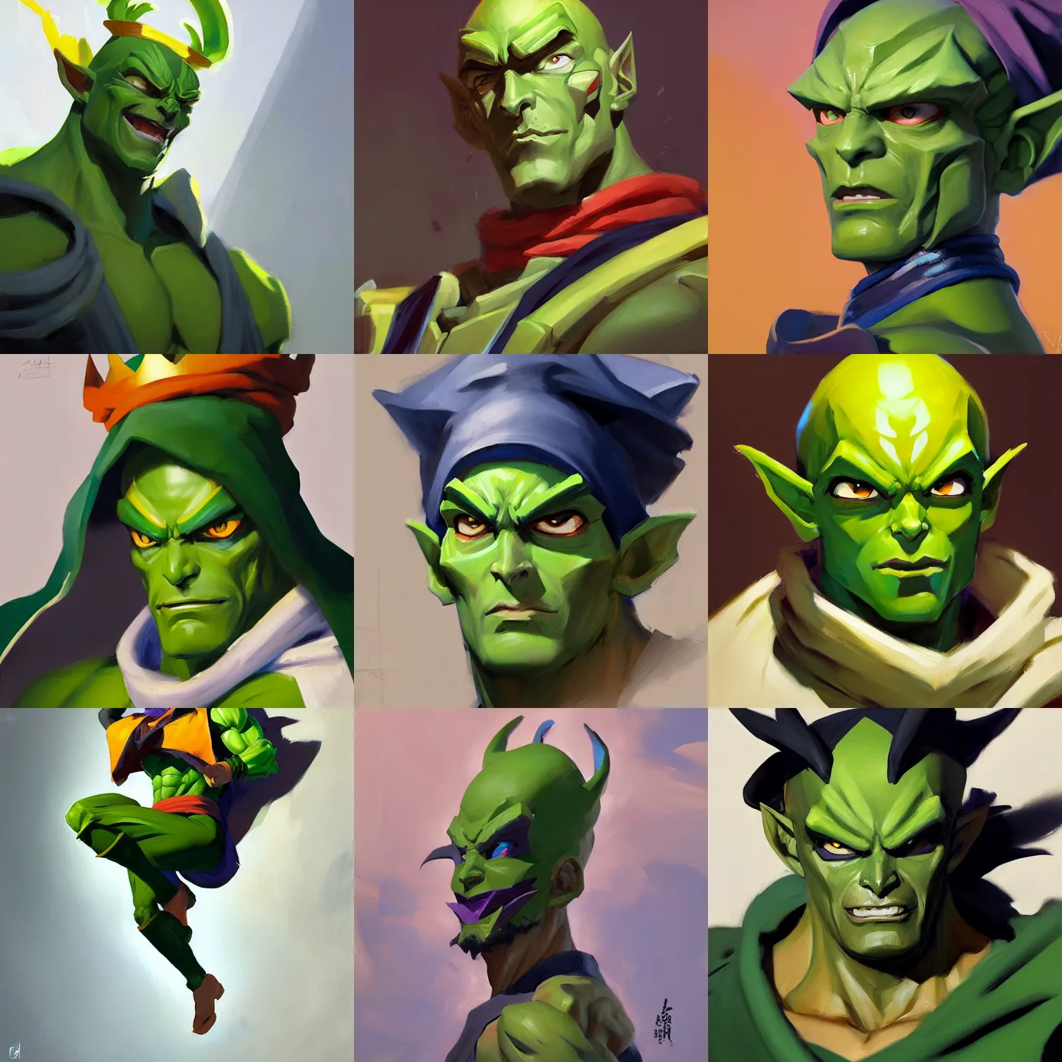Prompt: Greg Manchess portrait painting of King Piccolo as Overwatch character, medium shot, asymmetrical, profile picture, Organic Painting, sunny day, Matte Painting, bold shapes, hard edges, street art, trending on artstation, by Huang Guangjian and Gil Elvgren and Sachin Teng