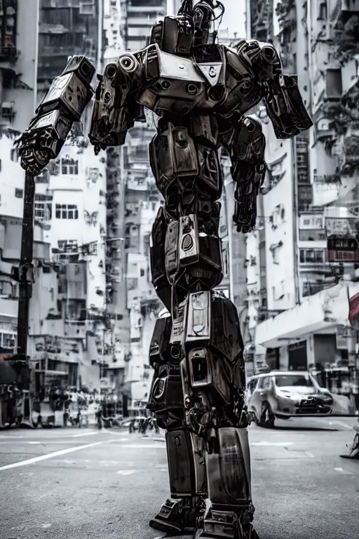 Prompt: portrait cinematography of beautiful young female, clothed in sci-fi military armor, long hair blowing in the wind. Giant mechs in the streets of Hong Kong. by Anita Sadowska