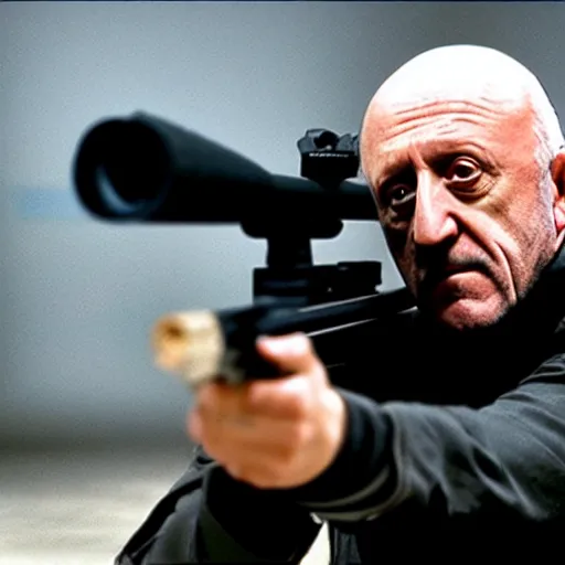 Prompt: Film Still of Mike Ehrmantraut aiming a sniper rifle and wearing a bulletproof vest, 4k, highly detailed, centered