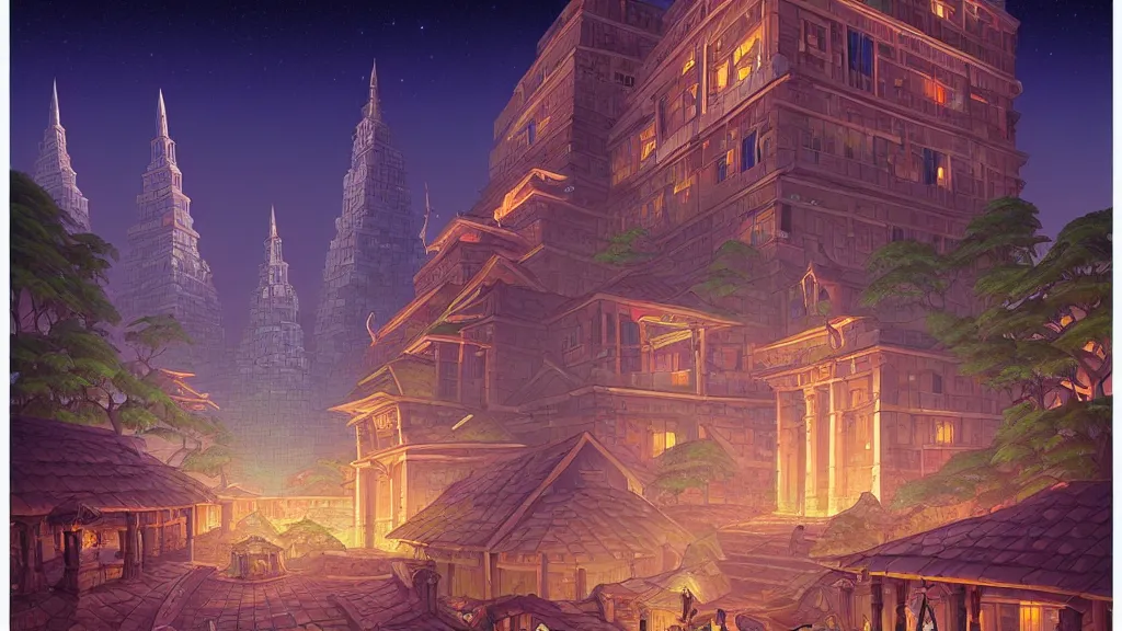 Prompt: street view of gigantic temple city at night by cyril rolando and naomi okubo and dan mumford and ricardo bofill