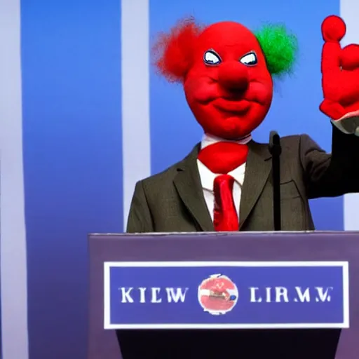 Image similar to string puppet of a president with clown makeup in a podium and a human shadow behind