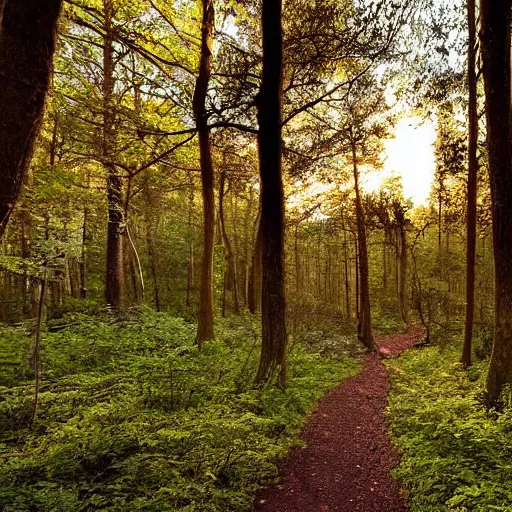 Image similar to woodland path golden hour wide angle, between the trees on the left is a portal to another land with bright sunlight inside, a silhouette of a humanoid stands in the portal, highly textured, adventurous