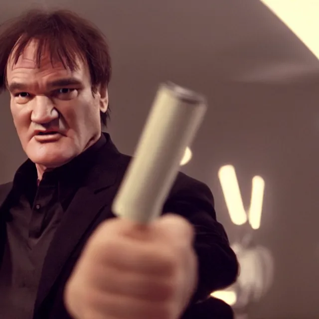 Image similar to quentin tarantino giving his thumbs up with one hand, and raising a lightsaber with his other hand. without characters. green screen background. cinematic trailer format.