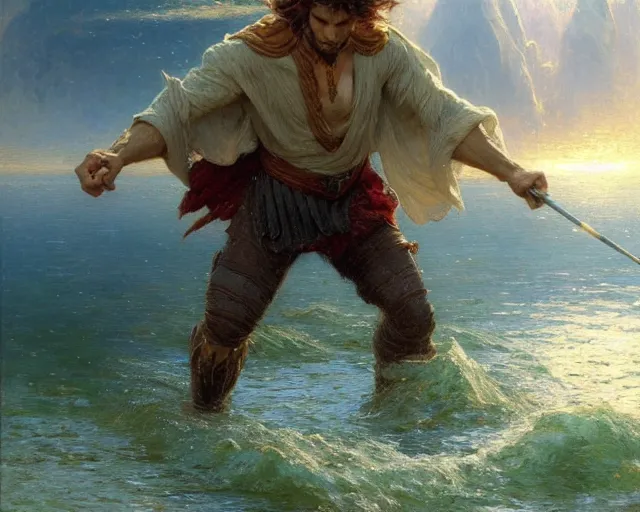 Image similar to attractive male wizard casting powerful giant tsunami spell in a beautiful lake. highly detailed painting by gaston bussiere, craig mullins, j. c. leyendecker 8 k