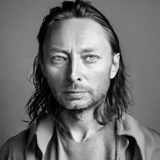 Image similar to thom yorke singer songwriter spherical tiny round eye pupils, eyes reflecting into eyes reflecting into infinity, dramatic lighting