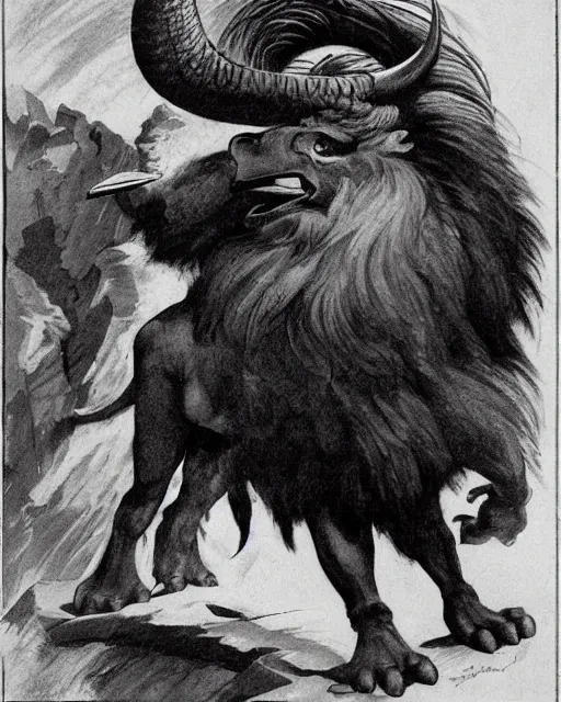 Prompt: a creature with the body and eyes of a man, with the beak of an eagle, the mane of a lion, and the horns of an ox. drawn by frank frazetta