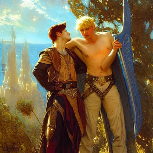 Image similar to attractive arthur pendragon with attractive male merlin the mage. they are in love. highly detailed painting by gaston bussiere, craig mullins, j. c. leyendecker