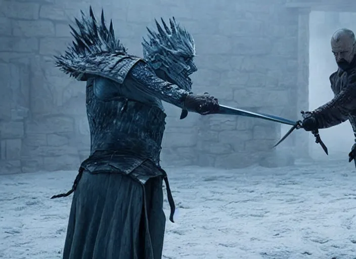 Image similar to a screenshot of walter white fighting the night king with a sword in an episode of game of thrones