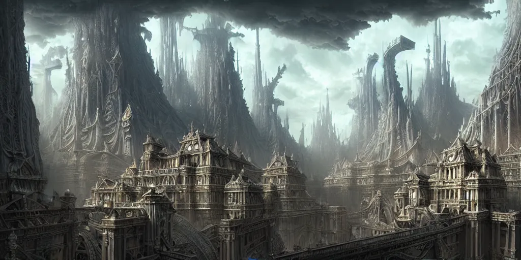 Image similar to a beautiful and insanely detailed matte painting of an advanced sprawling civilization with surreal architecture designed by akihiko yoshida!, whimsical!!, epic scale, intricate details, sense of awe, elite, fantasy realism, complex layered composition!!