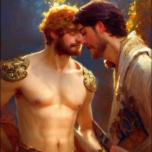 Image similar to attractive fully clothed king confesses his love for his attractive fully clothed male prince. highly detailed painting by gaston bussiere, craig mullins, j. c. leyendecker 8 k